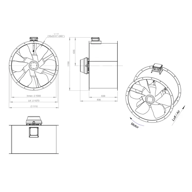 Axial 1000 mm duct fan flue F400 - AL 1000 D84U F4 02 CFG