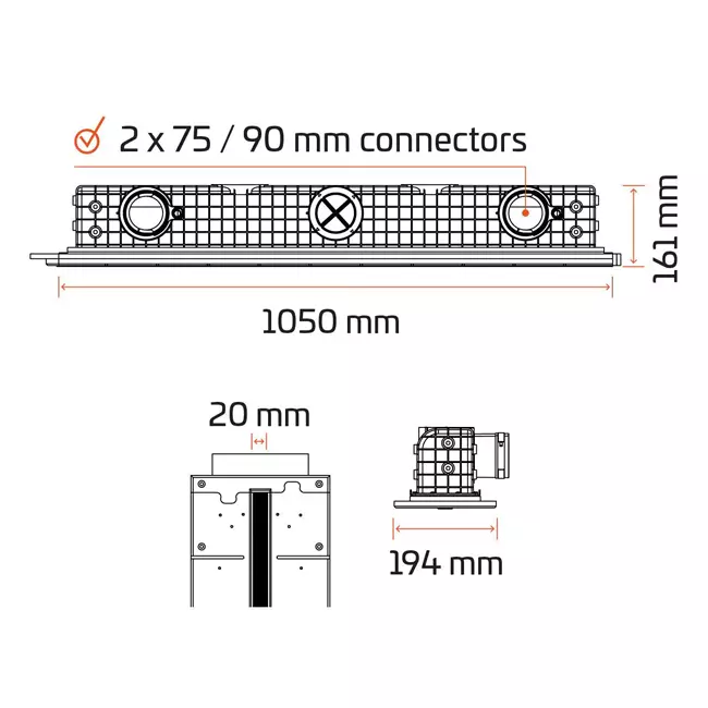 Ergovent plasterable frameless linear grille 1050 mm with 75 mm connection diameter - modular - 1 slot
