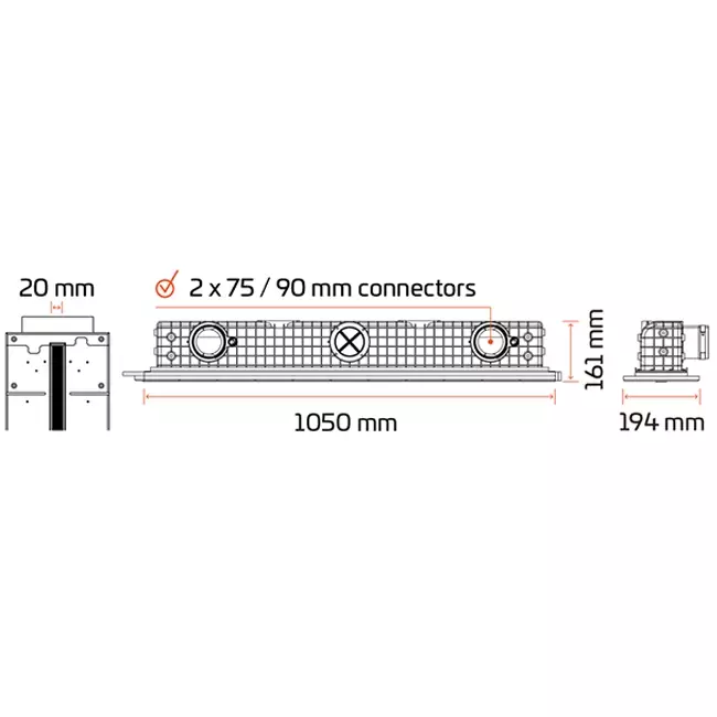 Ergovent plasterable frameless linear grille 1050 mm with connection diameter 90 mm - modular - 1 slot