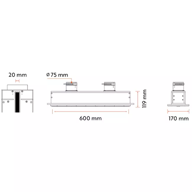 Ergovent drop-in frameless louvre 600 mm with connection diameter 75 mm - profile (vertical)