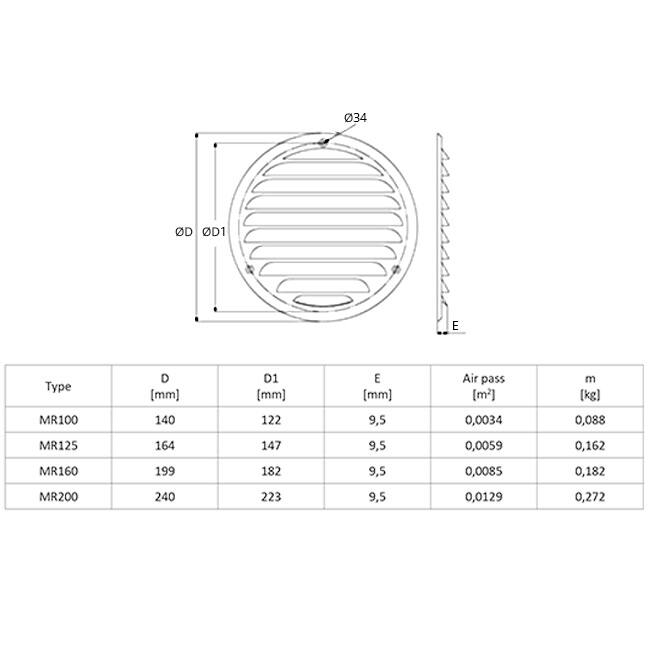 Metal ventilation grille round 100 mm aluminium - MR100AL