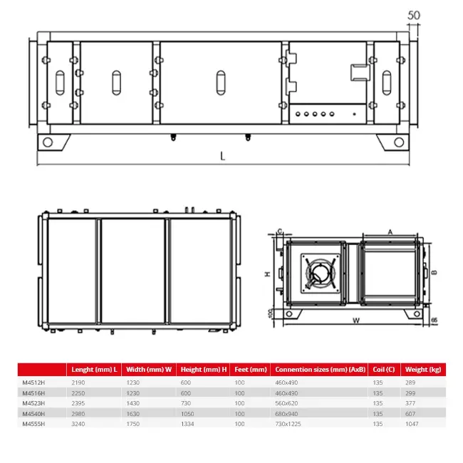 Maxivent Heat Recovery air handling unit with counterflow exchanger 5500 m³/h horizontal low profile left - M4555