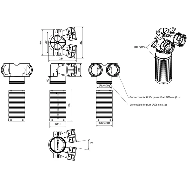 Vent-Axia Uniflexplus valve collector 2 x Ø90 mm - Ø125 mm