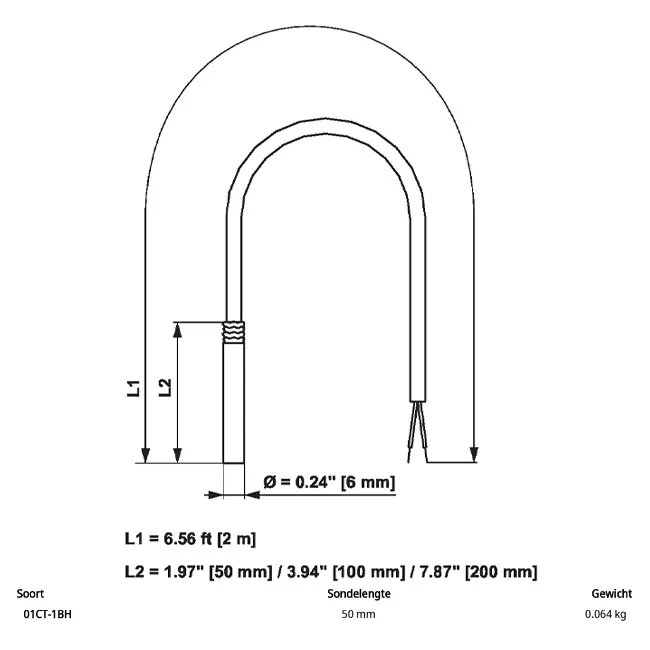 Belimo cable temperature sensor PT1000 50x6 mm - 2 meters - 01CT-1BH