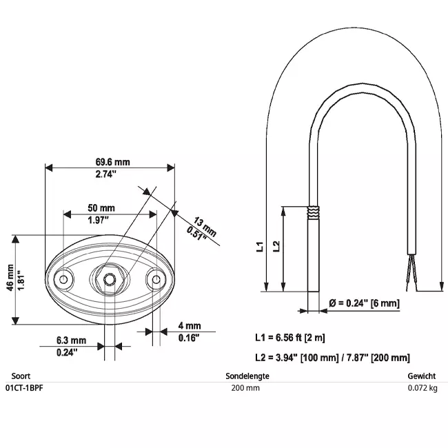 Belimo cable temperature sensor PT1000 200x6 mm - 2 meters with mounting flange - 01CT-1BPF
