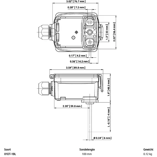 Belimo channel/immersion temperature sensor PT1000 100x6 mm - 01DT-1BL