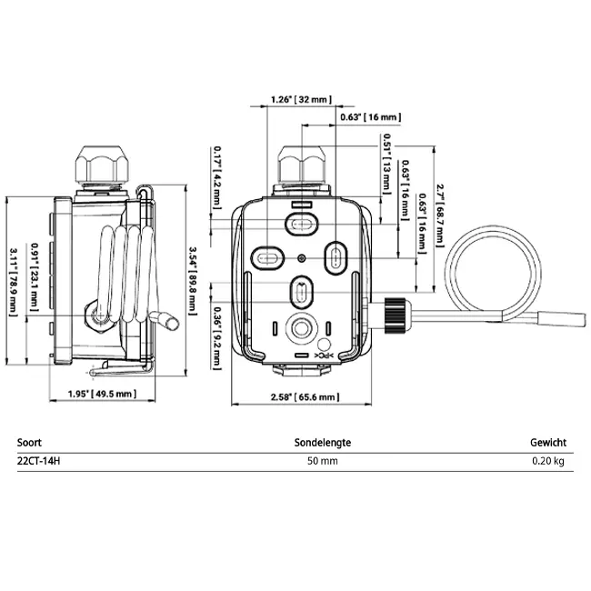 Belimo cable temperature sensor 4-20 mA - probe 50x6 mm - 2 meters - 22CT-14H