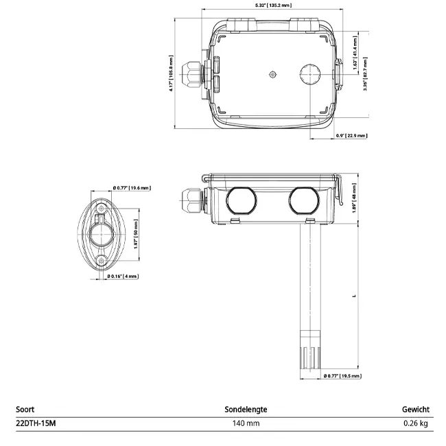 Belimo channel sensor for humidity and temperature - Modbus RTU - probe 140 mm - 22DTH-15M
