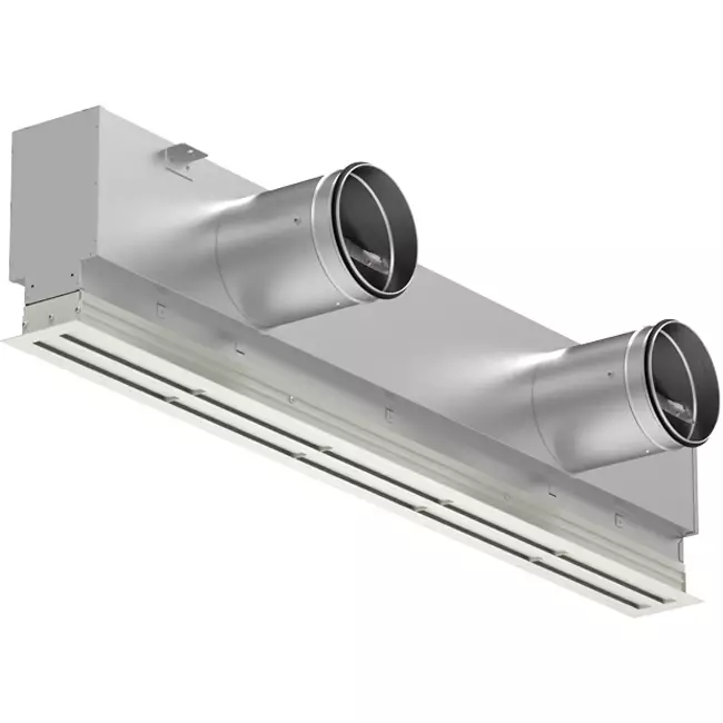 Aluminum line grille with 1 adjustable perforated panel – 1500 mm – RAL 9010 + insulated plenum with airflow control damper