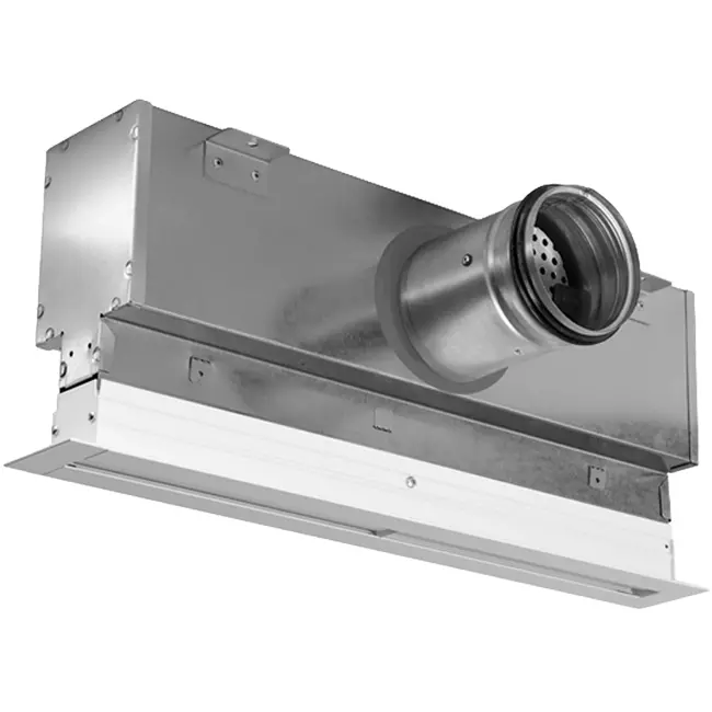 Aluminum line grille with 2 adjustable perforated panels – 1000 mm – RAL 9016 + insulated plenum with airflow control damper