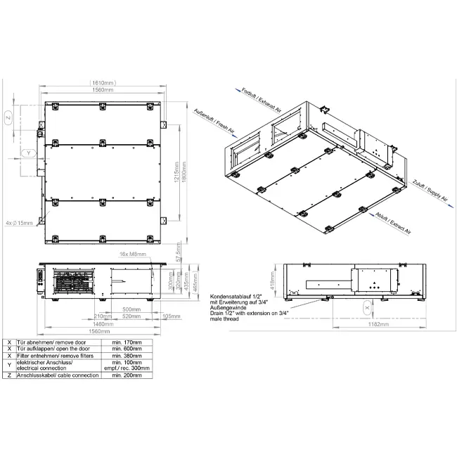 Maxivent WTW air handling units with counterflow heat exchanger, 3500 m³/h, with hot-water coil on the right - PHE 3500 F WOJR