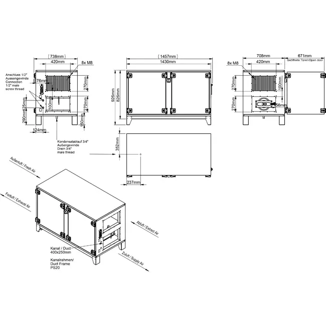 Maxivent WTW Air Handling Units with Counterflow Heat Exchanger, 700 m³/h, Horizontal-Horizontal, Right-Handed - PHE 700 H OOJR