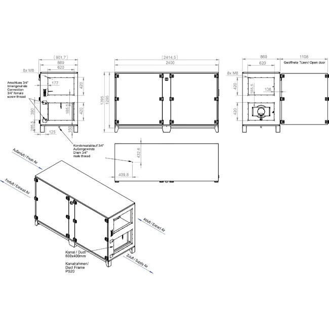 Maxivent WTW air handling units with counterflow heat exchanger, 2800 m³/h, with horizontal left-side hot-water coil - PHE 2800 H WOJL