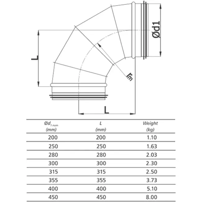 Round spiral bend 90° Ø 315mm for spiral duct