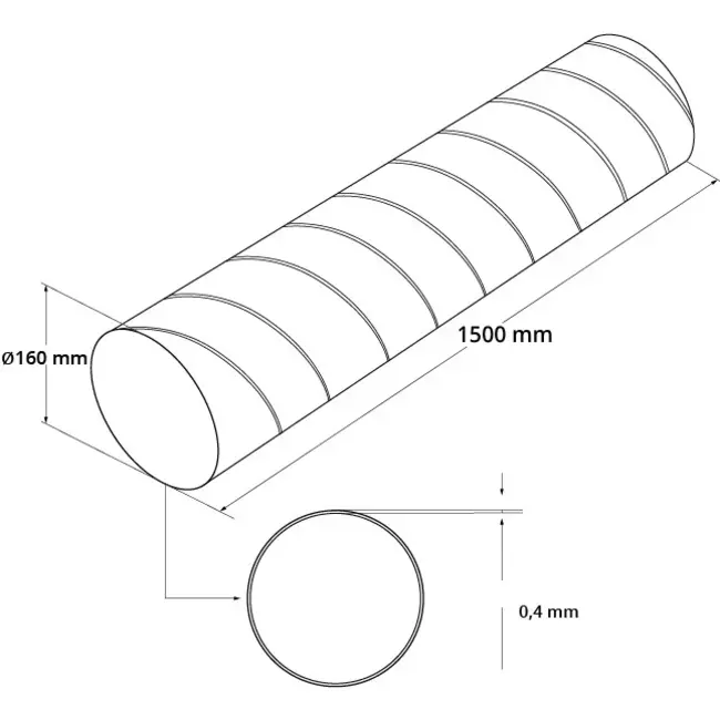 Spiral Pipe, Ø 160 mm, 1.5 meters long - Galvanized