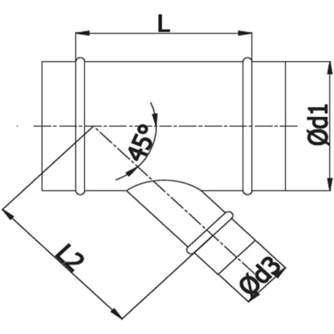 T-piece Ø 200mm with spigot Ø 100mm for spiral duct (45°)