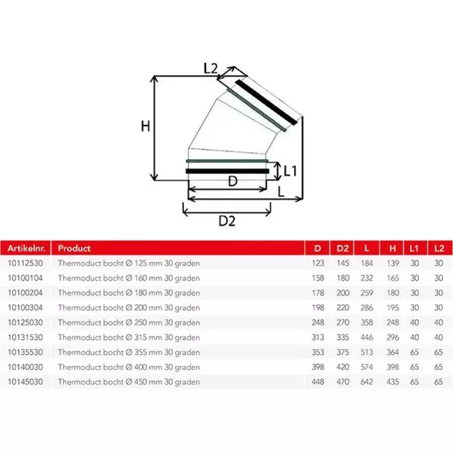 Thermoduct 13mm insulated 30 degree elbow bend diameter 315 mm