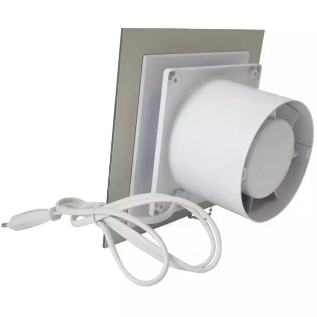 Bathroom extractor fan Ø 100 mm with pull cord and power plug - front panel in satin silver glass