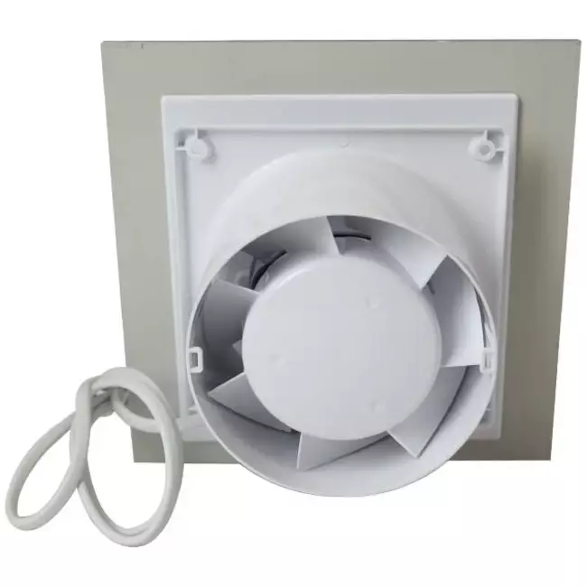 Bathroom extractor fan Ø 100 mm with pull cord and power plug - front panel in satin silver glass