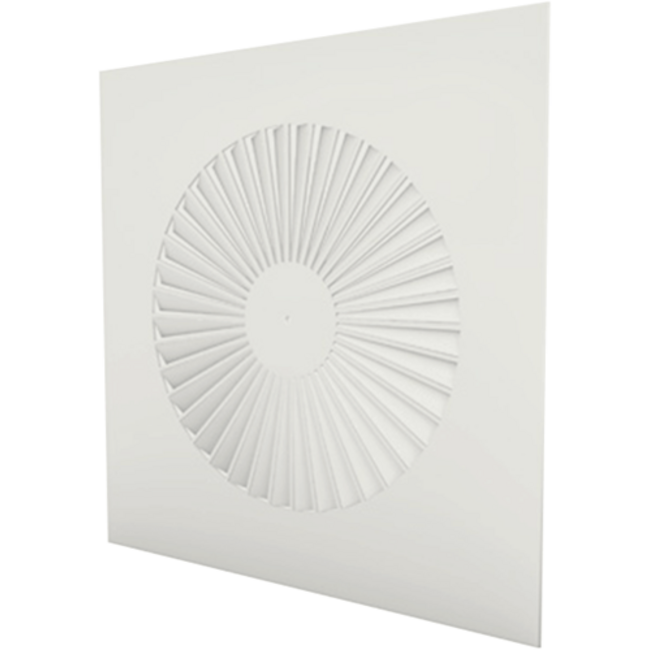 Square swirl diffuser 600 x 600, 500 mm fixed vanes and plenum box with 250 mm top connection - RAL 9003