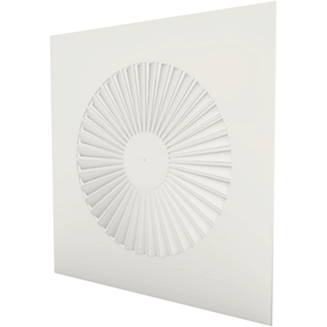 Square swirl diffuser 600 x 600, 500 mm fixed vanes and plenum box with 315 mm top connection - RAL 9010