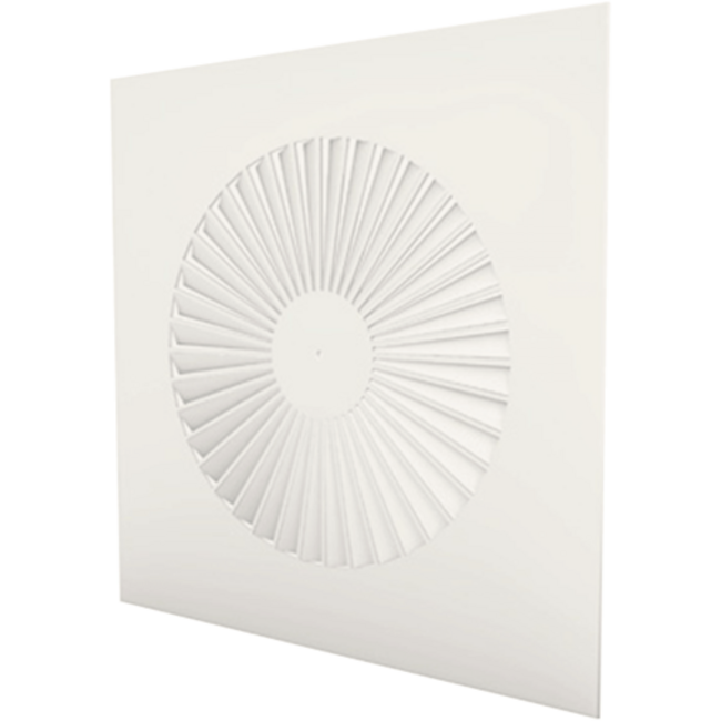 Square swirl diffuser 600 x 600, 500 mm fixed vanes and plenum box with 250 mm top connection - RAL 9016