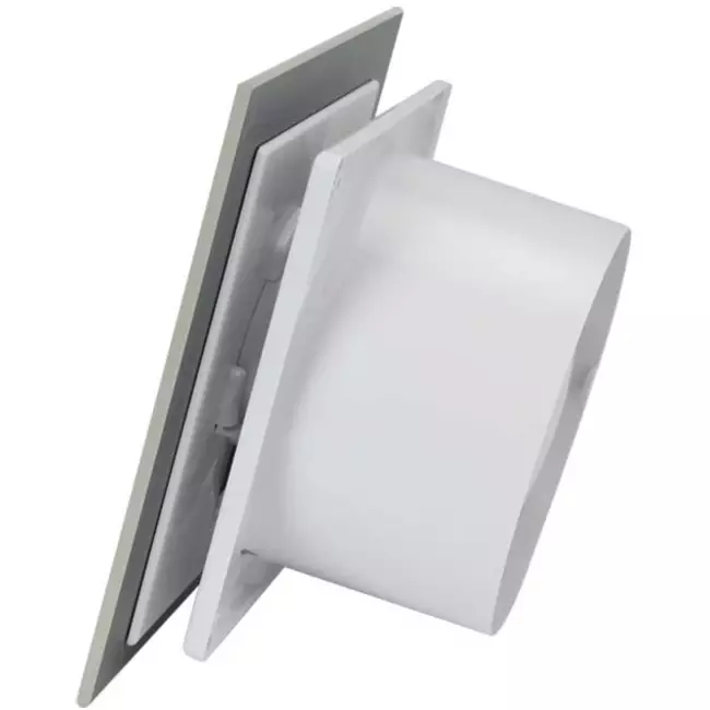 Bathroom extractor fan Ø 100 mm with pull cord and power plug - front panel in satin silver glass