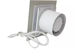 Bathroom extractor fan Ø 100 mm with pull cord and power plug - front panel in satin silver glass